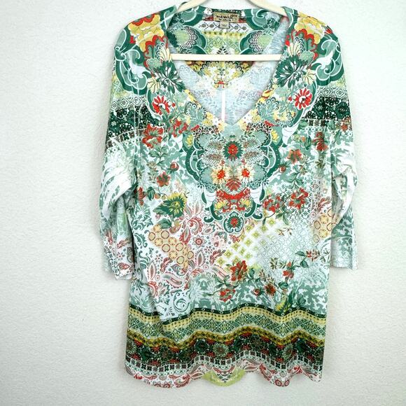 One World Women's Pullover Tunic Top Size XXXL Gold Beaded Floral White Green - Picture 1 of 7